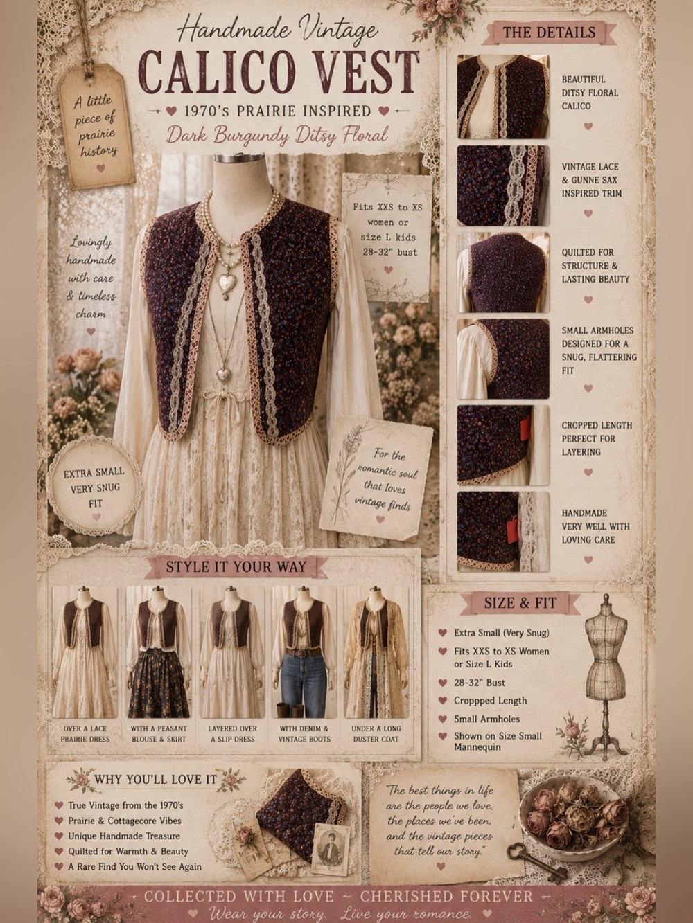 *Vintage 70’s - burgundy calico vest - homemade Gunne Sax - cropped quilted
